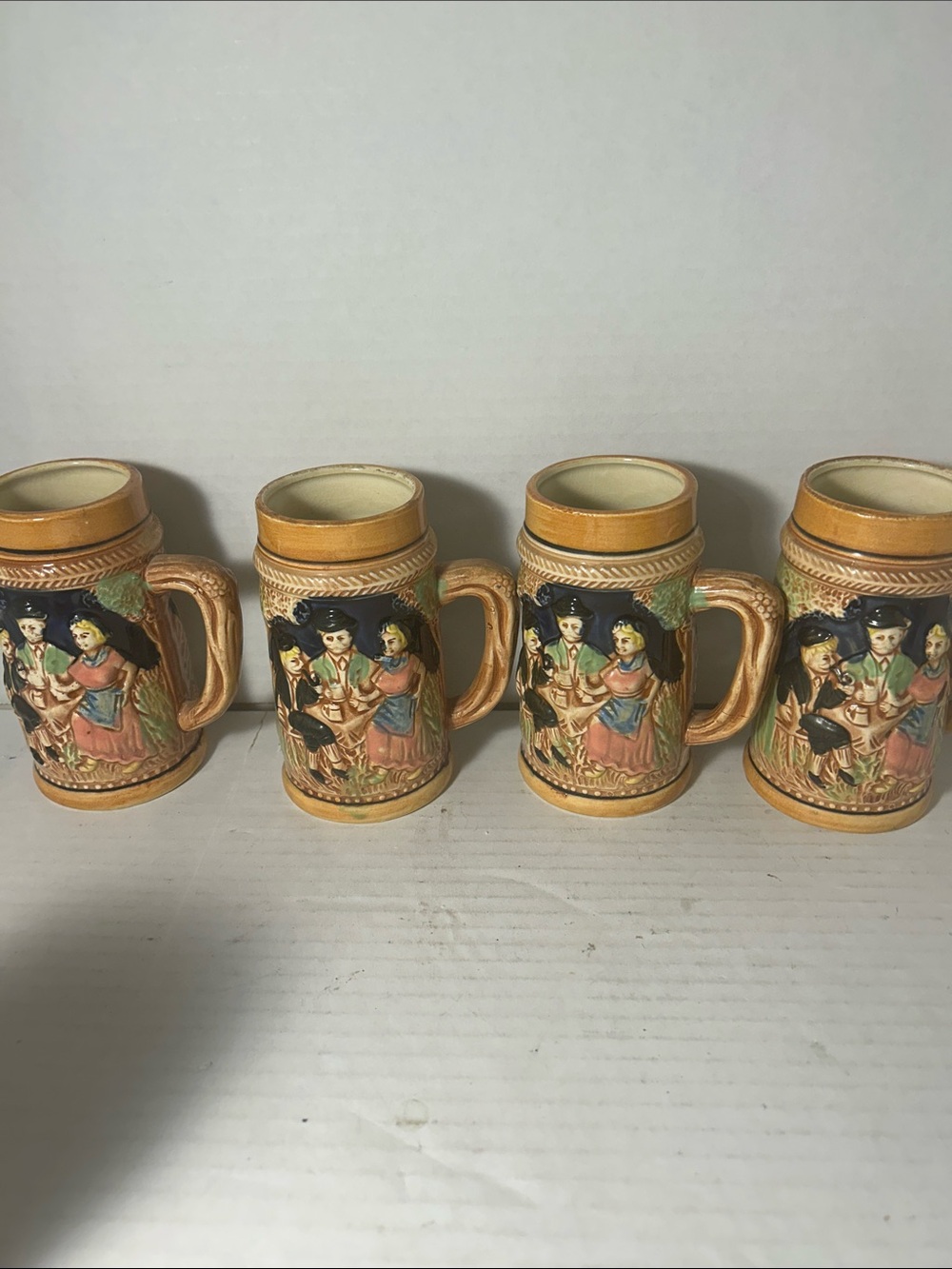 Vintage Ceramic Relief Mini Beer Steins - Set of 4 - Peach and Multicolor 5 1/2